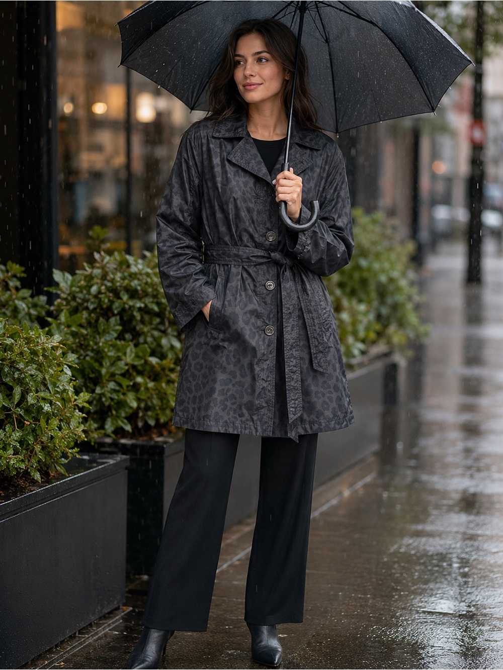 Dana Buchman Charcoal Leopard Rain Trench Coat